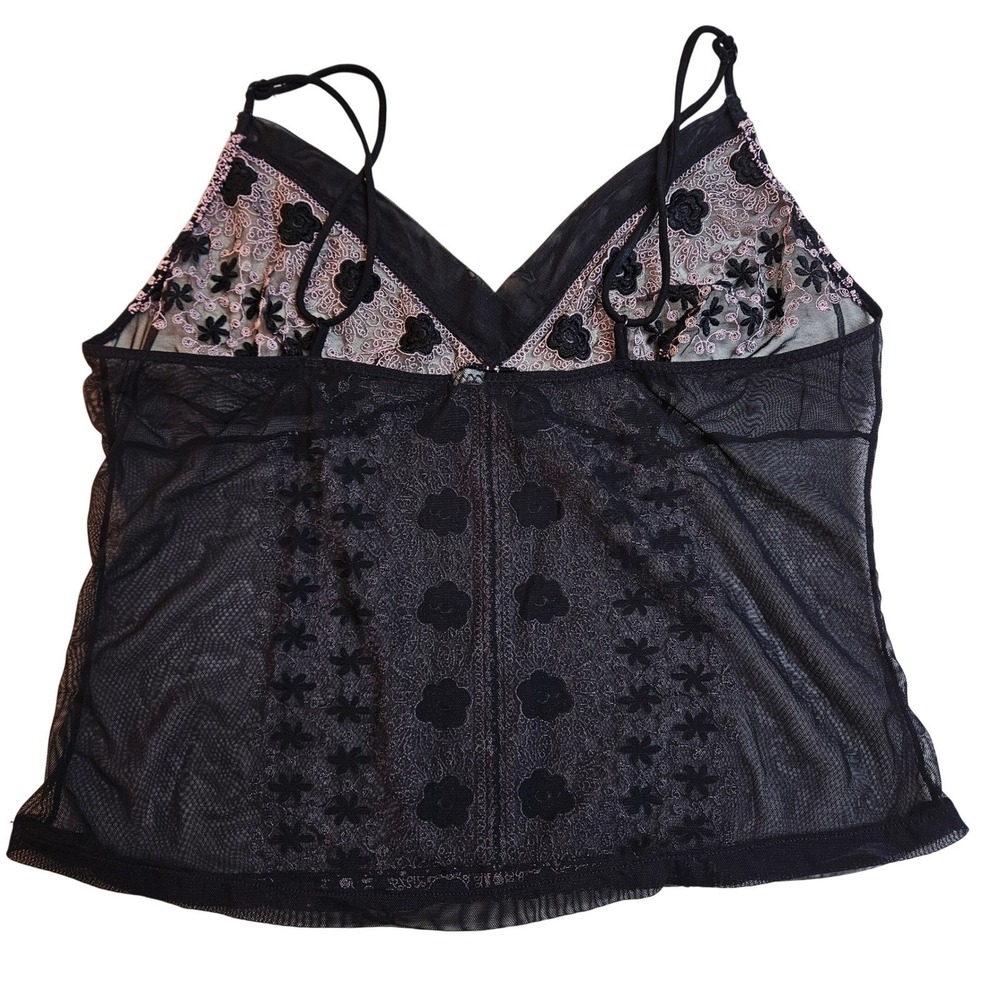 Feminine Black w/ Pink Floral Embroidered Sheer Mesh Babydoll Camisole Top Small - Picture 2 of 7